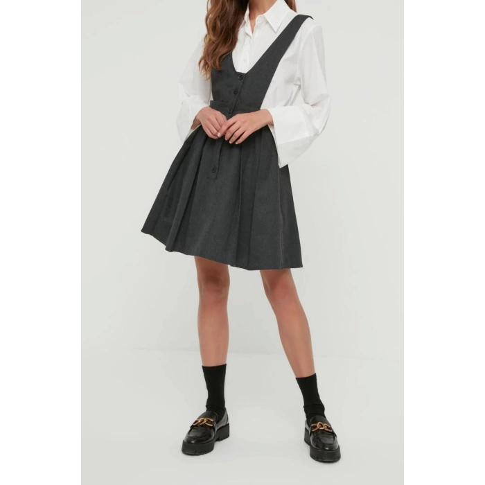 Moda Regular Casual Günlük Flanel Dokuma V Yaka Askılı Kol Jile Mini Boy Elbise