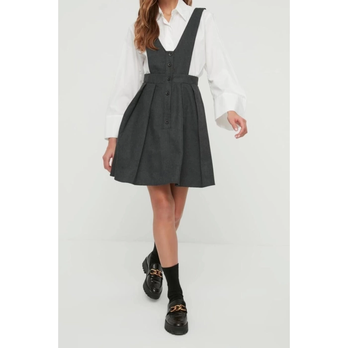 Moda Regular Casual Günlük Flanel Dokuma V Yaka Askılı Kol Jile Mini Boy Elbise