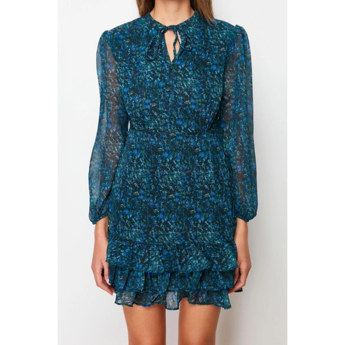Fashion Regular Day Night Chiffon Woven Stand Collar Three Quarter Sleeve Skater Mini Length Dress