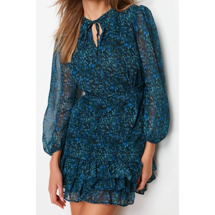 Fashion Regular Day Night Chiffon Woven Stand Collar Three Quarter Sleeve Skater Mini Length Dress