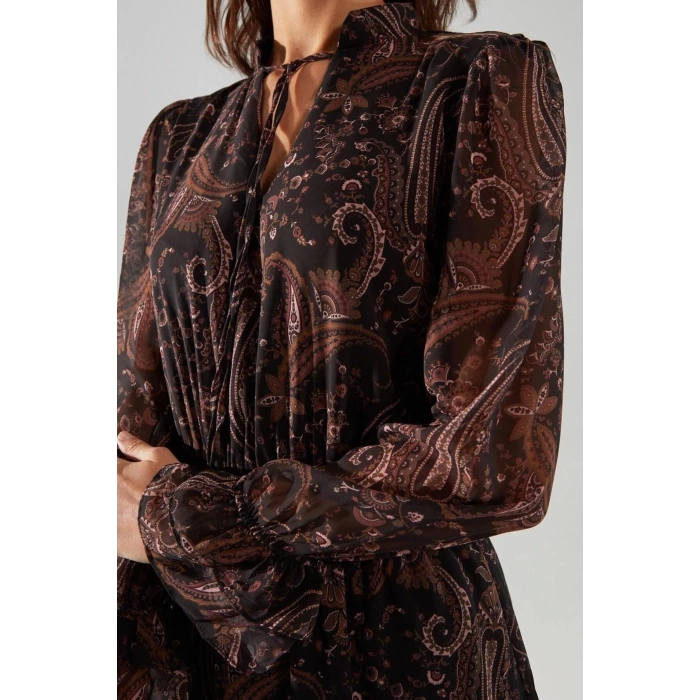 Fashion Regular Day Night Chiffon Woven Mandarin Collar Long Sleeve Skater Midi Length Dress