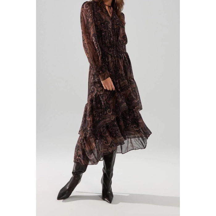 Fashion Regular Day Night Chiffon Woven Mandarin Collar Long Sleeve Skater Midi Length Dress
