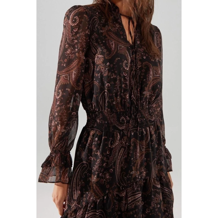 Fashion Regular Day Night Chiffon Woven Mandarin Collar Long Sleeve Skater Midi Length Dress