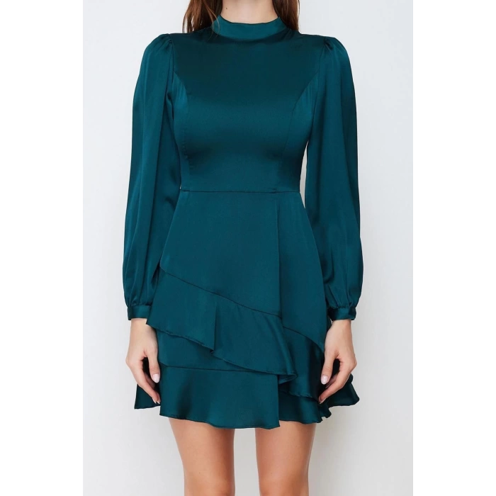 Moda Regular Gündüz Gece Saten Dokuma Dik Yaka Uzun Kol A-Line Mini Boy Elbise
