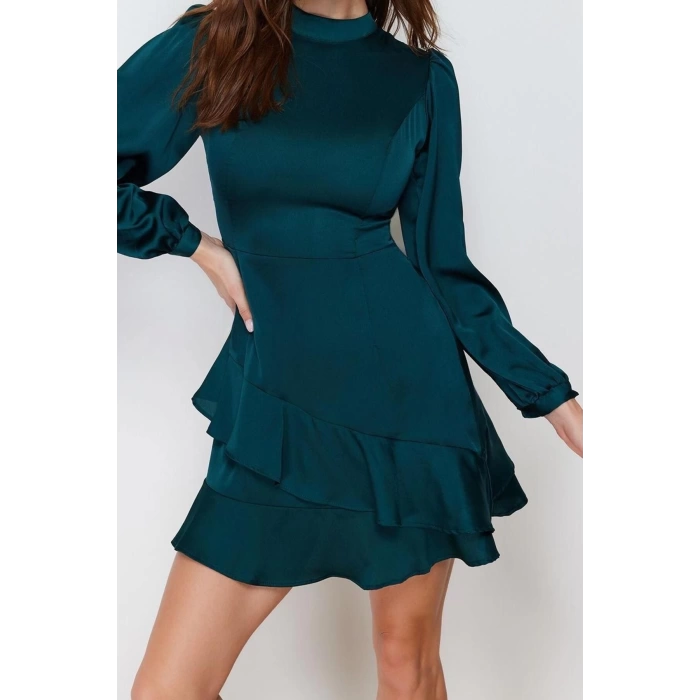 Moda Regular Gündüz Gece Saten Dokuma Dik Yaka Uzun Kol A-Line Mini Boy Elbise