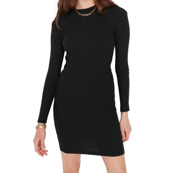 Fashion Slim Casual Daily Regenerated Camisole Knitted Stand Collar Long Sleeve Bodycon Mini Length Dress