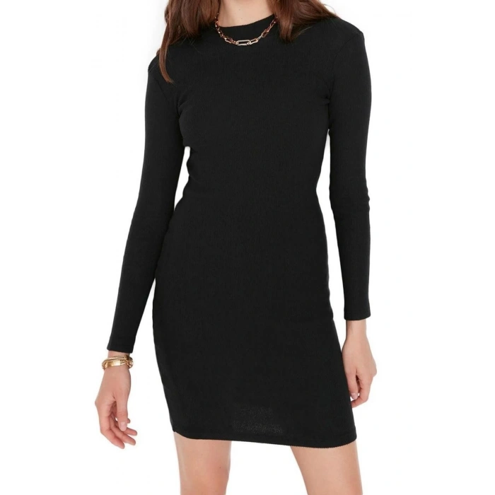Fashion Slim Casual Daily Regenerated Camisole Knitted Stand Collar Long Sleeve Bodycon Mini Length Dress