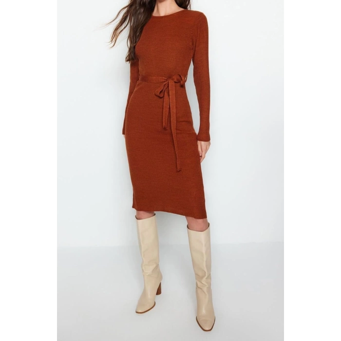 Moda Slim Casual Günlük Fitilli Triko Bisiklet Yaka Uzun Kol A-Line Midi Boy Elbise