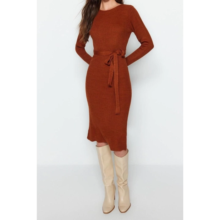 Moda Slim Casual Günlük Fitilli Triko Bisiklet Yaka Uzun Kol A-Line Midi Boy Elbise