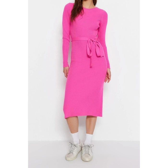 Moda Slim Casual Günlük Fitilli Triko Bisiklet Yaka Uzun Kol A-Line Midi Boy Elbise