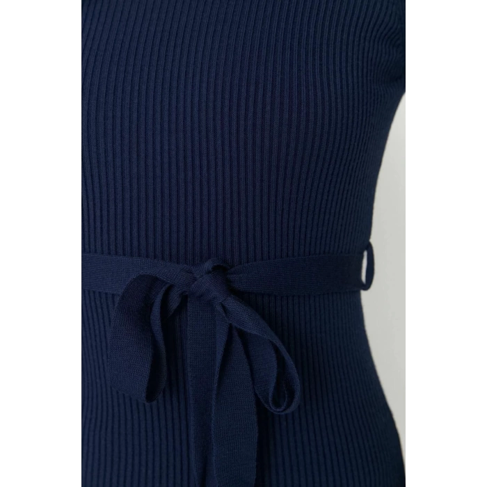 Moda Slim Casual Günlük Fitilli Triko Bisiklet Yaka Uzun Kol A-Line Midi Boy Elbise