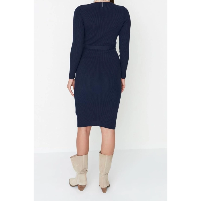 Moda Slim Casual Günlük Fitilli Triko Bisiklet Yaka Uzun Kol A-Line Midi Boy Elbise