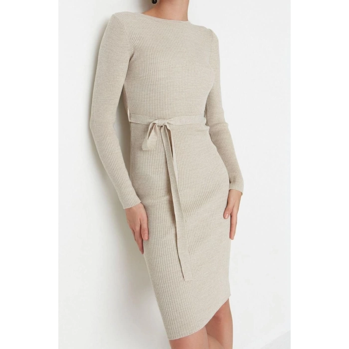 Moda Slim Casual Günlük Fitilli Triko Bisiklet Yaka Uzun Kol A-Line Midi Boy Elbise
