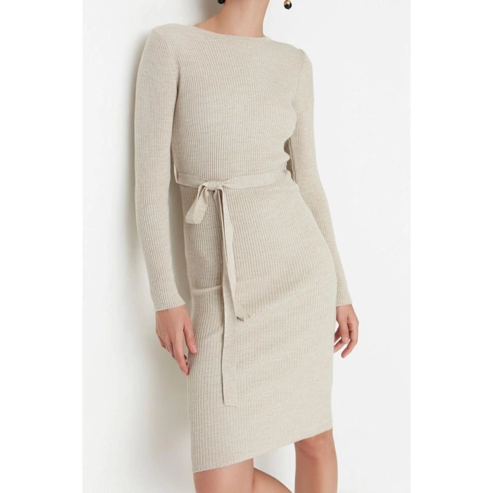Moda Slim Casual Günlük Fitilli Triko Bisiklet Yaka Uzun Kol A-Line Midi Boy Elbise