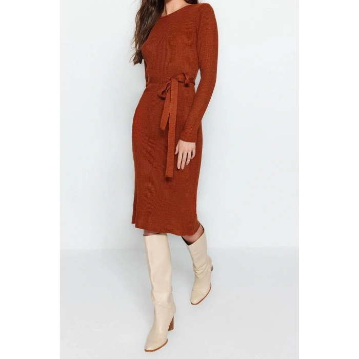 Moda Slim Casual Günlük Fitilli Triko Bisiklet Yaka Uzun Kol A-Line Midi Boy Elbise