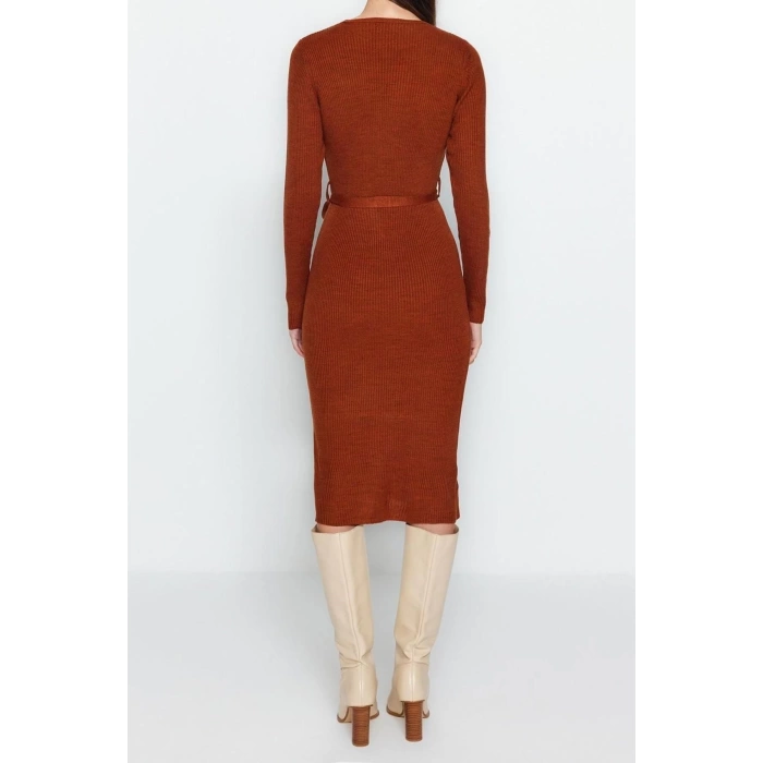 Moda Slim Casual Günlük Fitilli Triko Bisiklet Yaka Uzun Kol A-Line Midi Boy Elbise