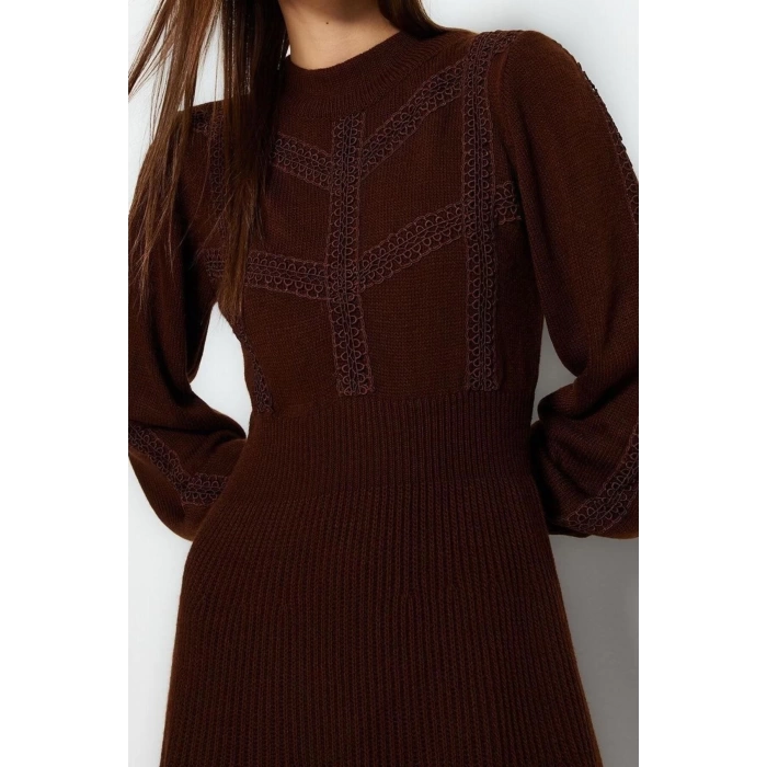 Moda Regular Business Tek Plaka Triko Bisiklet Yaka Uzun Kol A-Line Mini Boy Elbise