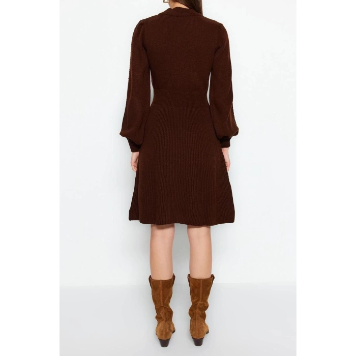 Moda Regular Business Tek Plaka Triko Bisiklet Yaka Uzun Kol A-Line Mini Boy Elbise
