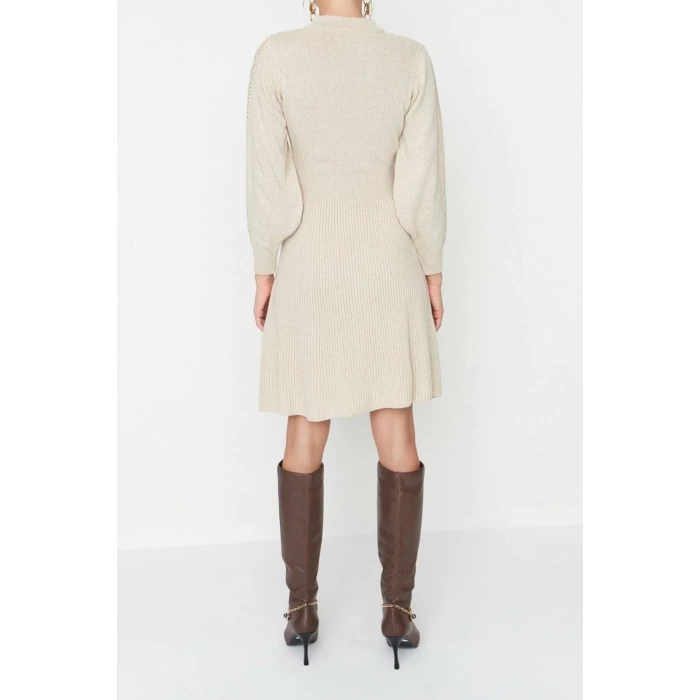 Moda Regular Business Tek Plaka Triko Bisiklet Yaka Uzun Kol A-Line Mini Boy Elbise
