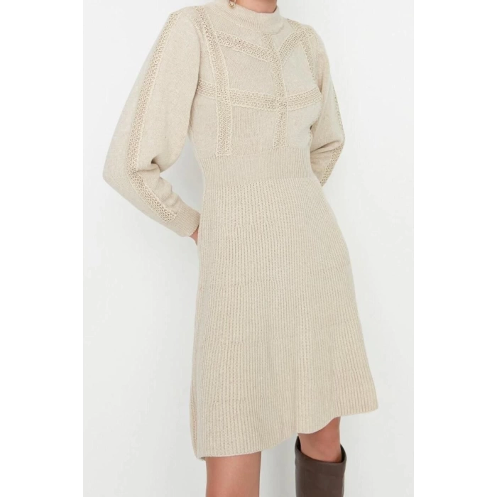 Moda Regular Business Tek Plaka Triko Bisiklet Yaka Uzun Kol A-Line Mini Boy Elbise