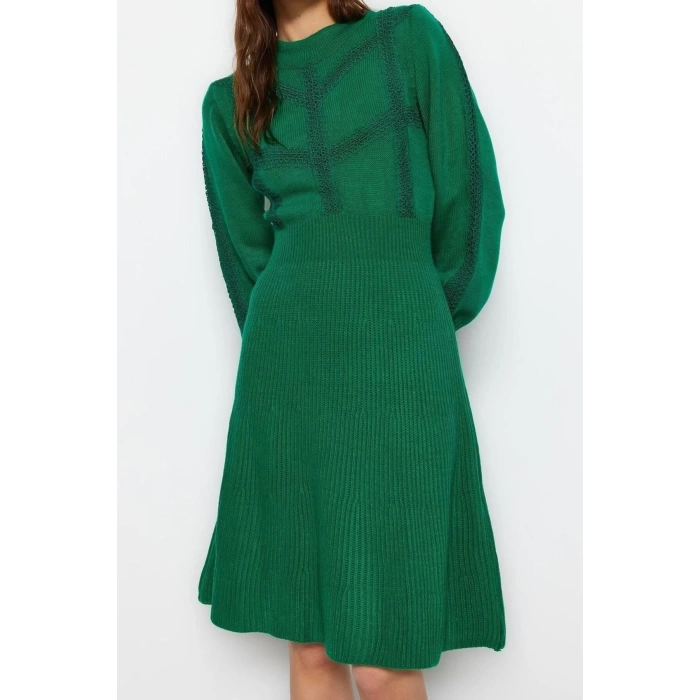 Moda Regular Business Tek Plaka Triko Bisiklet Yaka Uzun Kol A-Line Mini Boy Elbise