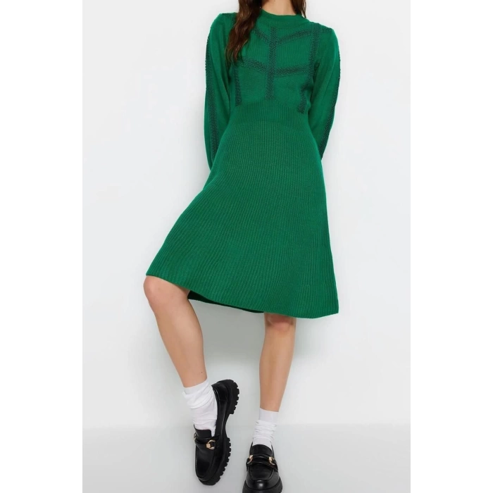 Moda Regular Business Tek Plaka Triko Bisiklet Yaka Uzun Kol A-Line Mini Boy Elbise