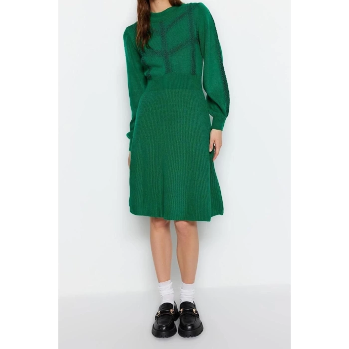 Moda Regular Business Tek Plaka Triko Bisiklet Yaka Uzun Kol A-Line Mini Boy Elbise
