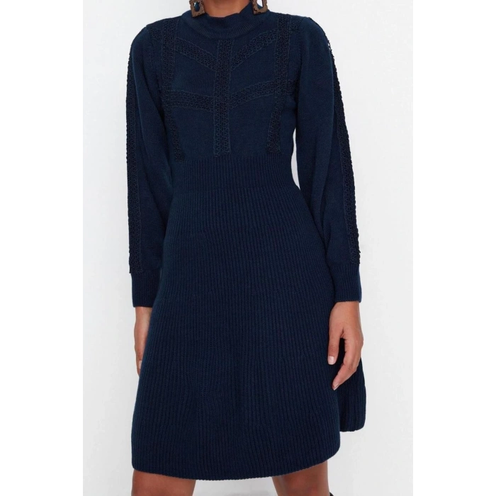 Moda Regular Business Tek Plaka Triko Bisiklet Yaka Uzun Kol A-Line Mini Boy Elbise