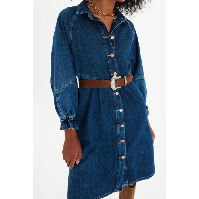 Moda Regular Casual Günlük Twill Denim Gömlek Yaka Uzun Kol A-Line Mini Boy Elbise