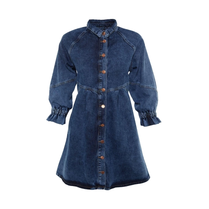 Moda Regular Casual Günlük Twill Denim Gömlek Yaka Uzun Kol A-Line Mini Boy Elbise