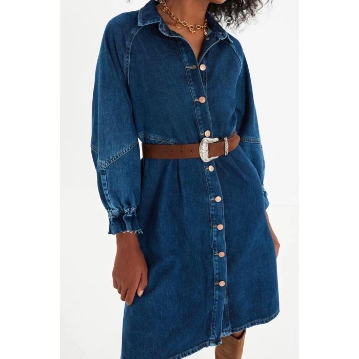 Moda Regular Casual Günlük Twill Denim Gömlek Yaka Uzun Kol A-Line Mini Boy Elbise