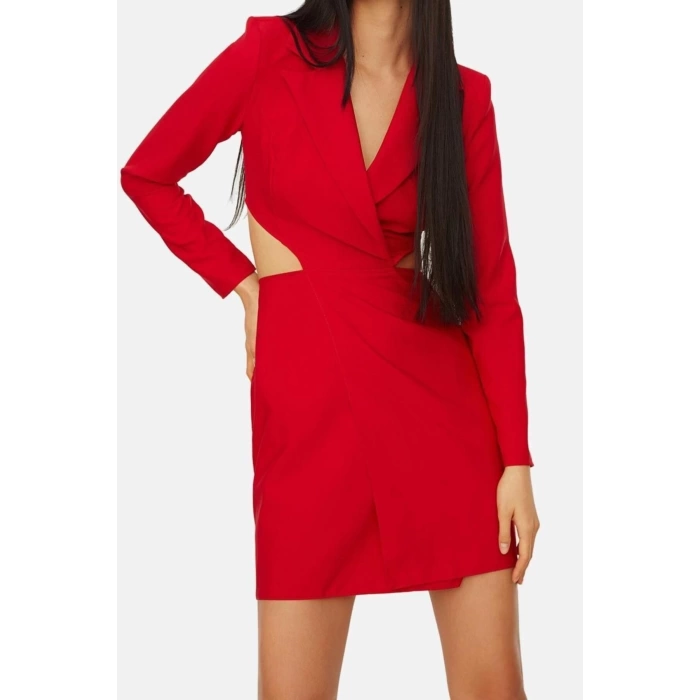 Moda Fit Gündüz Gece Finike Dokuma Ceket Yaka Uzun Kol Ceket Elbise Mini Boy Elbise