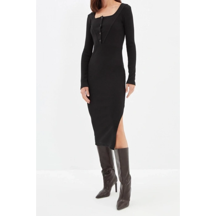 Moda Slim Casual Günlük Kaşkorse Örme Kare Yaka Uzun Kol Bodycone Midi Boy Elbise