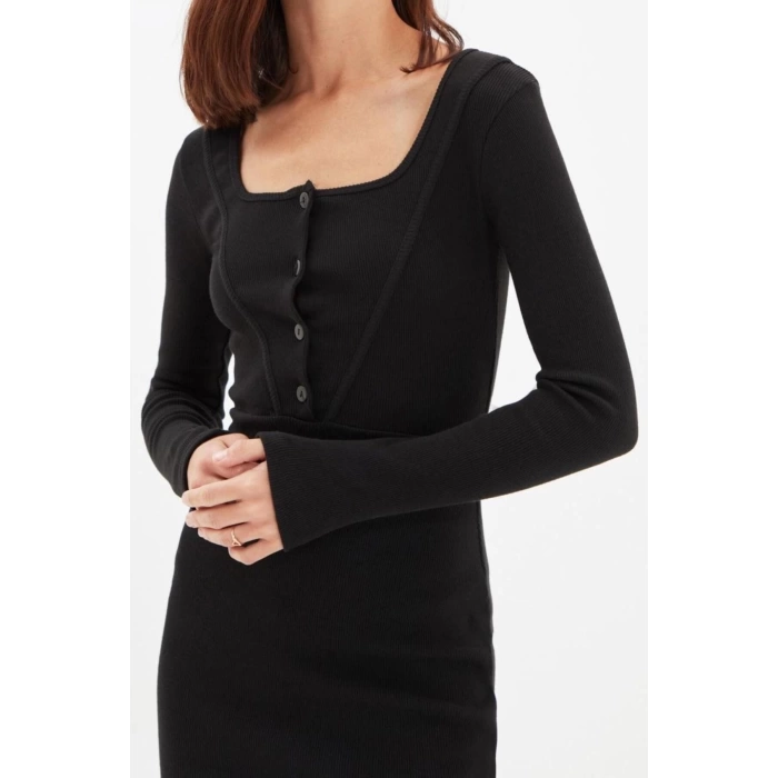 Moda Slim Casual Günlük Kaşkorse Örme Kare Yaka Uzun Kol Bodycone Midi Boy Elbise
