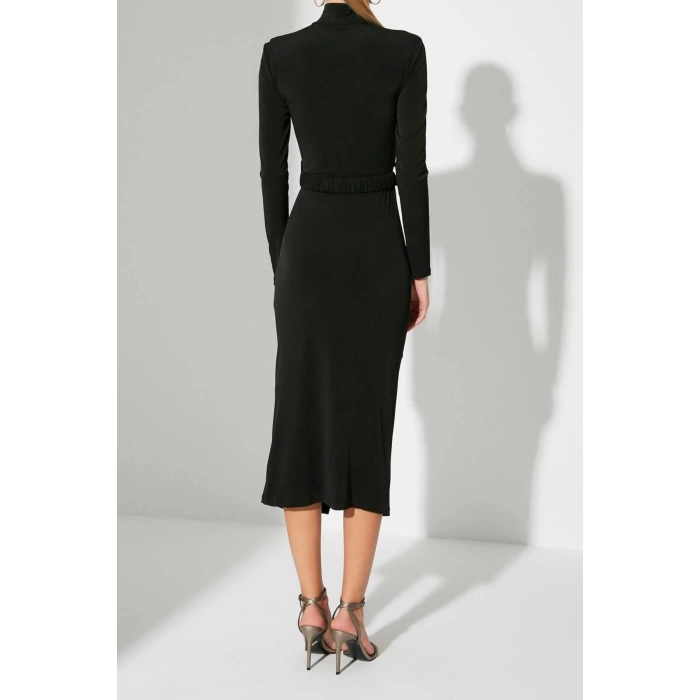 Fashion Slim Stylish Evening Dress Sandy Knitted Stand Collar Long Sleeve Bodycon Midi Length Dress