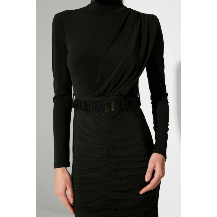 Fashion Slim Stylish Evening Dress Sandy Knitted Stand Collar Long Sleeve Bodycon Midi Length Dress