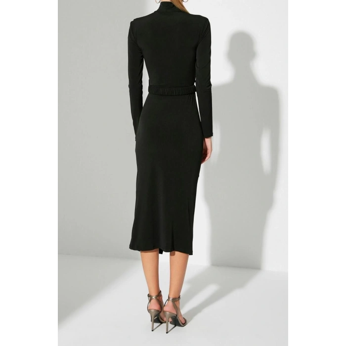 Fashion Slim Stylish Evening Dress Sandy Knitted Stand Collar Long Sleeve Bodycon Midi Length Dress