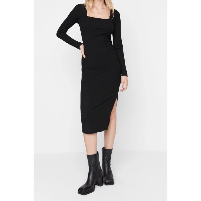 Fashion Slim Casual Daily Polyviscose Camisole Knitted Square Neck Long Sleeve Bodycone Midi Length Dress