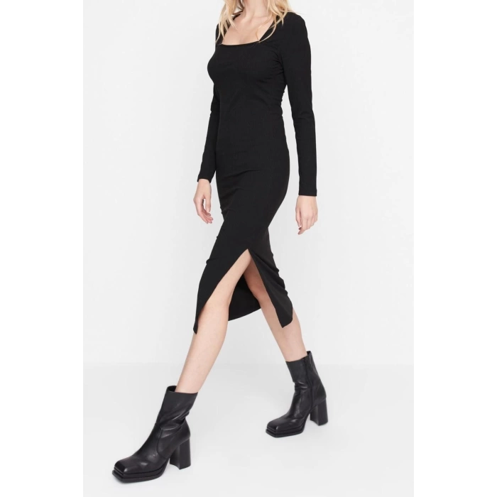 Fashion Slim Casual Daily Polyviscose Camisole Knitted Square Neck Long Sleeve Bodycone Midi Length Dress