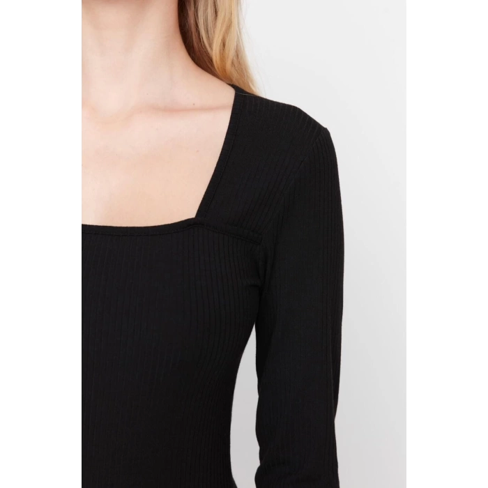 Fashion Slim Casual Daily Polyviscose Camisole Knitted Square Neck Long Sleeve Bodycone Midi Length Dress