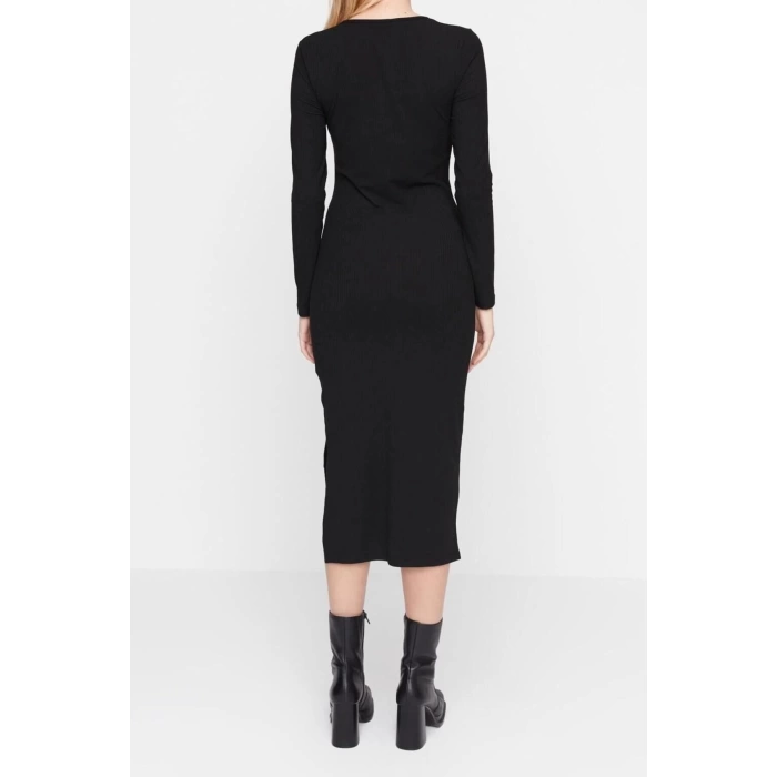 Fashion Slim Casual Daily Polyviscose Camisole Knitted Square Neck Long Sleeve Bodycone Midi Length Dress