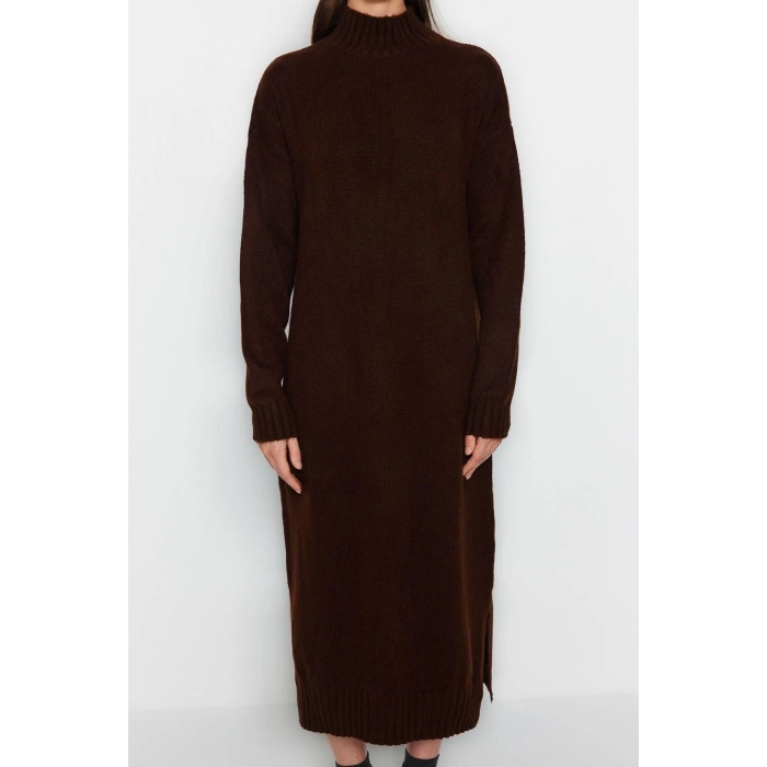 Fashion Oversize Casual Daily Single Plate Knitwear Stand Collar Long Sleeve Shift Midi Length Dress