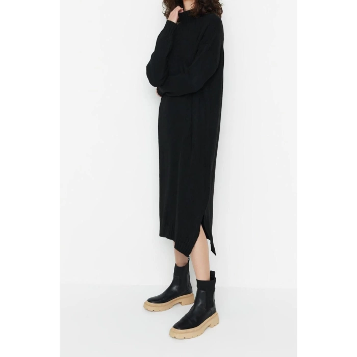 Fashion Oversize Casual Daily Single Plate Knitwear Stand Collar Long Sleeve Shift Midi Length Dress