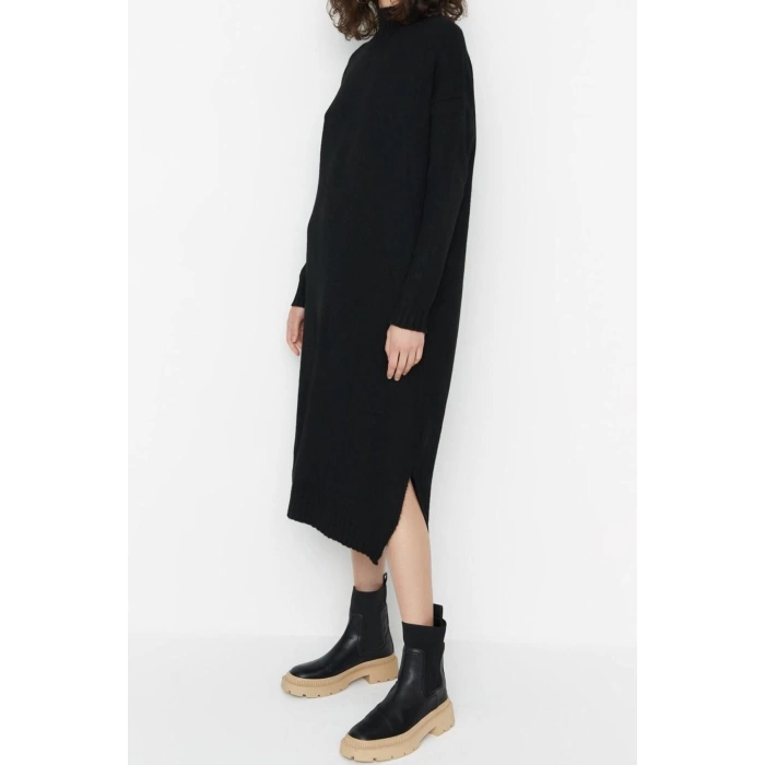Fashion Oversize Casual Daily Single Plate Knitwear Stand Collar Long Sleeve Shift Midi Length Dress