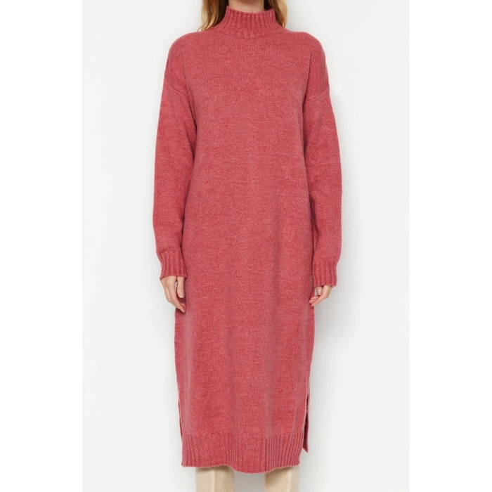 Fashion Oversize Casual Daily Single Plate Knitwear Stand Collar Long Sleeve Shift Midi Length Dress