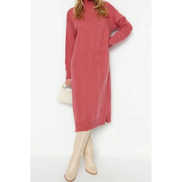 Fashion Oversize Casual Daily Single Plate Knitwear Stand Collar Long Sleeve Shift Midi Length Dress