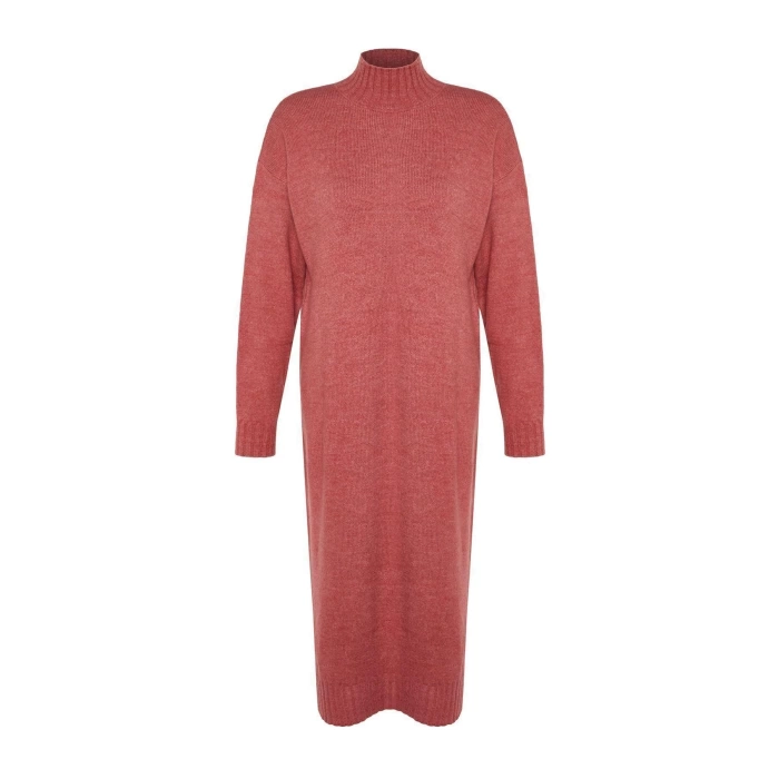 Fashion Oversize Casual Daily Single Plate Knitwear Stand Collar Long Sleeve Shift Midi Length Dress