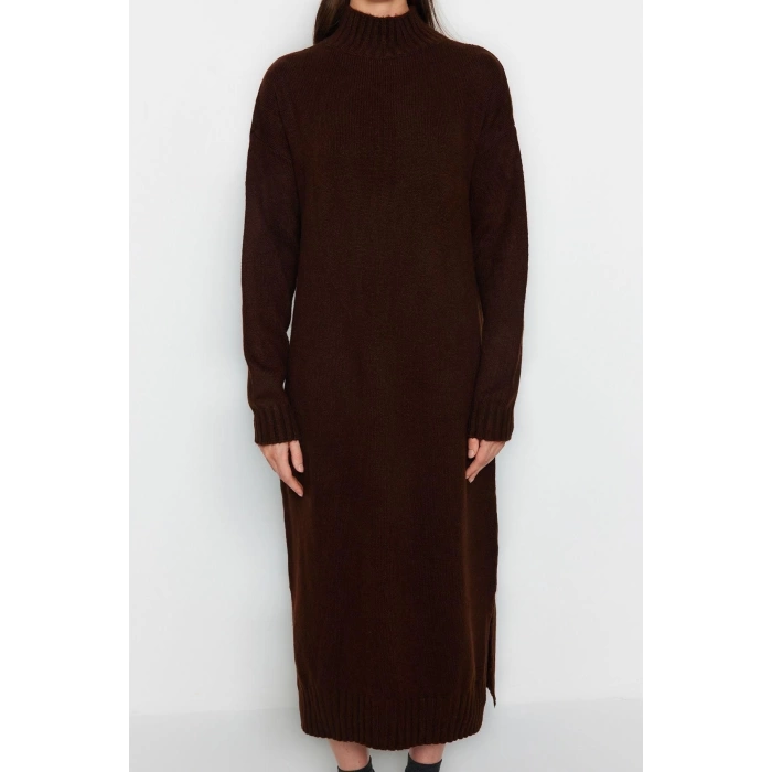 Fashion Oversize Casual Daily Single Plate Knitwear Stand Collar Long Sleeve Shift Midi Length Dress