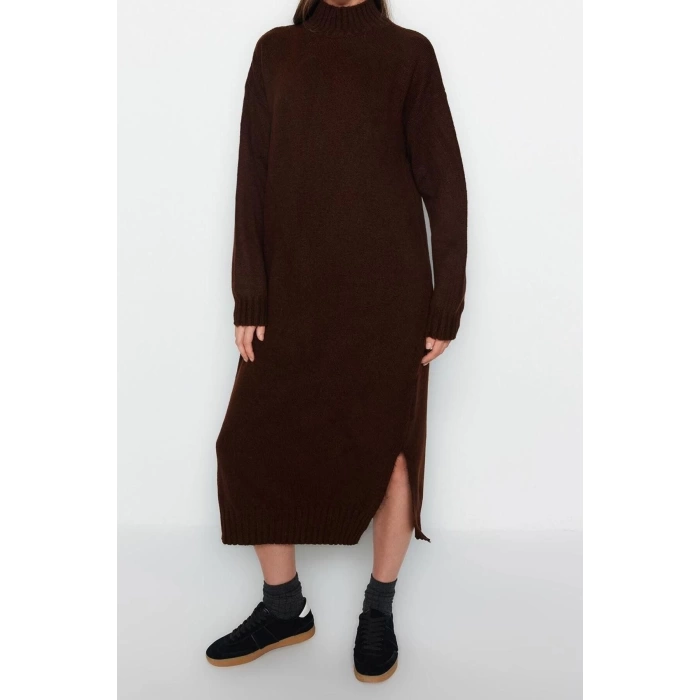 Fashion Oversize Casual Daily Single Plate Knitwear Stand Collar Long Sleeve Shift Midi Length Dress