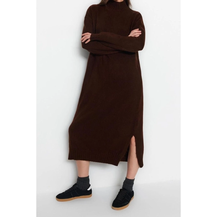 Fashion Oversize Casual Daily Single Plate Knitwear Stand Collar Long Sleeve Shift Midi Length Dress